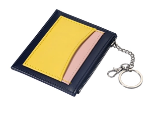 Close-up of color-block PU leather wallet featuring smooth zipper and metal keychain