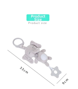 Detailed product dimensions of a gray plush elephant baby stroller toy with teether star