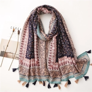 Ethnic Bohemian Floral Printed Shawl Scarf For Women Polyester Linen Feel Tassel Geometric Pashmina Wrap