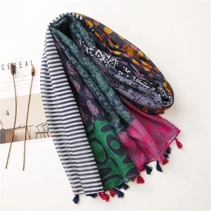 Ethnic floral cotton linen shawl with colorful prints and tassels for women travel scarf