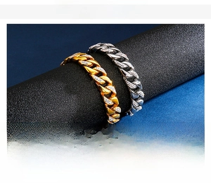 Detailed technical chart and close-up of iced-out 18K gold stainless steel Cuban chain