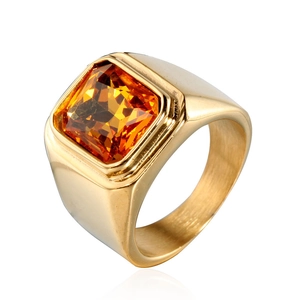 Bague vintage pour homme en acier titane doré avec une grande pierre carrée orange
