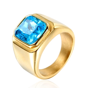 Bague vintage pour hommes en acier titane doré avec une pierre précieuse bleue carrée
