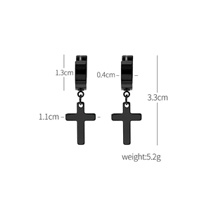 Detailed dimensions of black stainless steel cross earrings with hoop closure for punk style