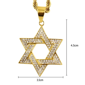 Gold Star of David pendant necklace for men with rhinestones and size dimensions