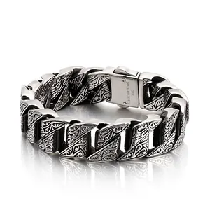 Men Retro Carved 316L Stainless Steel Chain Bracelet Vintage Gothic Floral Engraved Cuban Link Heavy Biker Jewelry