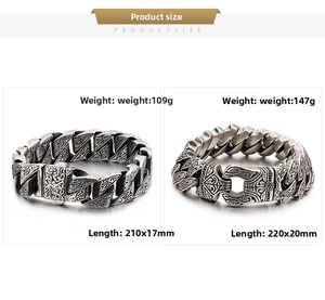 Size chart showing weight and dimensions for vintage engraved stainless steel bracelets