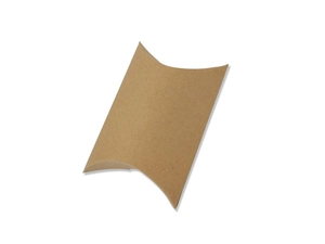 Flat lay of an unsealed brown kraft paper pillow candy box showing its structure on white