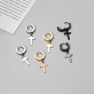 Three-color stainless steel cross hoop earrings in silver, gold, and black finish