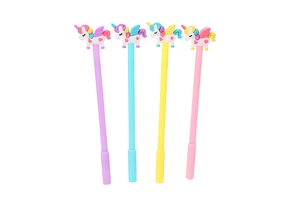 Detail of four colorful cartoon unicorn pens in purple, blue, yellow, and pink colors