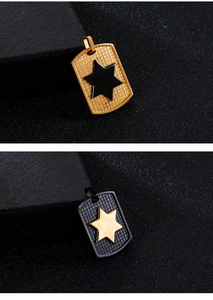 Detail view of hexagram shield pendants in gold and black stainless steel with grid texture