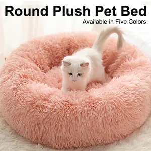 Pink orange plush round pet bed featuring soft long faux fur and a fluffy texture
