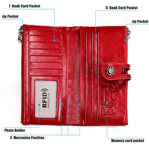 Internal layout of red leather RFID long wallet with 13 card slots and two zipper pockets