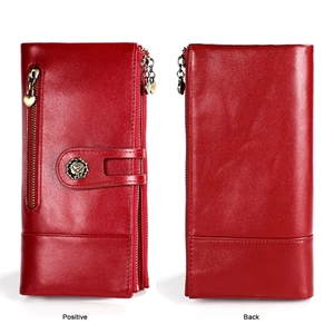 Red RFID leather long wallet for women with rose metal buckle and heart zipper detail