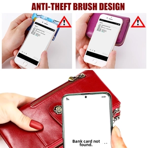 Detail showing RFID blocking technology testing for leather wallet with floral metal charm