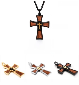 Men's stainless steel and wood cross pendant showing dimensions 49mm x 36mm and weight 15g