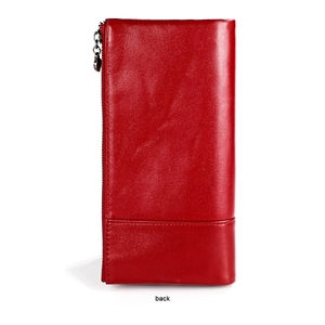 Back view of red genuine leather long wallet featuring a smooth texture and metal zipper