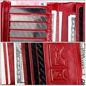 Detail view of red leather wallet interior showing multiple card slots and cash compartments