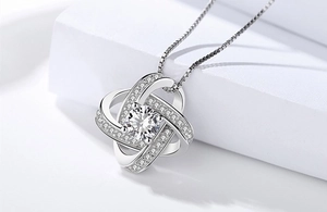 Macro shot of the rotating clover S925 sterling silver pendant with sparkling crystals
