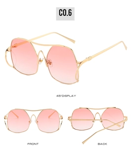 Detailed views of gold metal pilot sunglasses with pink gradient lenses and C0.6 model label