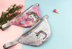 Detail of pink and white unicorn sequin waist bags for kids with adjustable silver strap