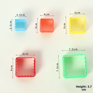Five assorted colorful plastic square cookie cutters with wavy edges and size dimensions