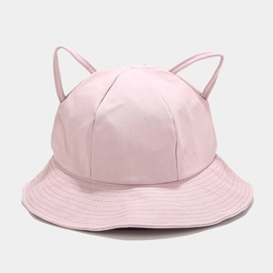 Detailed view of pink cotton bucket hat with playful cat ear loops and stitched brim