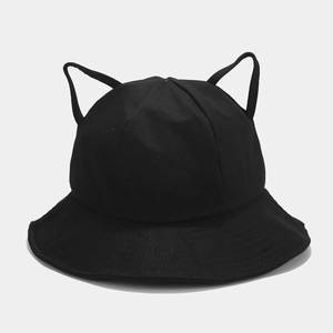 Close-up of a black cotton bucket hat featuring 3D cat ears and reinforced brim stitching