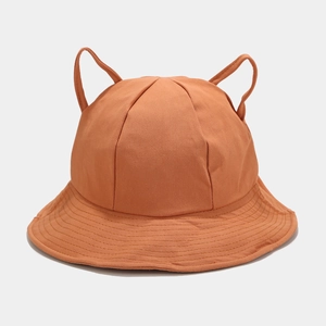 Orange cotton sun hat for children with cute 3D cat ears and wide reinforced brim