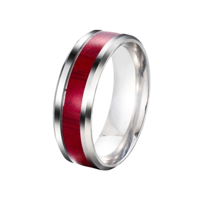 8mm stainless steel ring for men with polished silver edge and red textured inlay