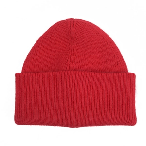 Classic red rib-knit winter beanie hat with folded cuff for kids and adults