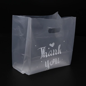 Thick frosted translucent THANK YOU shopping bag with oval handles and side gussets