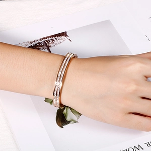 Rose gold open bangle featuring double-row crystal pavé settings on a model's wrist