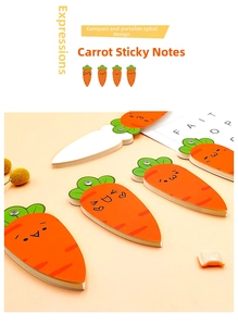 Detail of spiral bound carrot-shaped memo pad with cute facial expressions