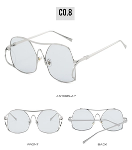 Three-view display of silver metal pilot sunglasses with double bridge and cat-eye frame