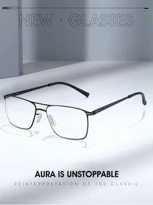 Detail of classic black metal square frame glasses with double bridge and adjustable pads