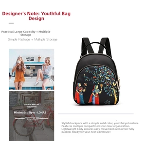 Detail of waterproof nylon mini backpack with colorful folk art print and multi-compartments