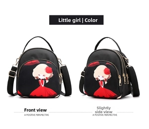 Front and side view of black waterproof nylon crossbody bag with cartoon girl design