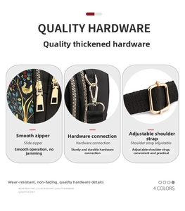 Detail of durable golden metal zippers and hardware on floral waterproof oxford bag