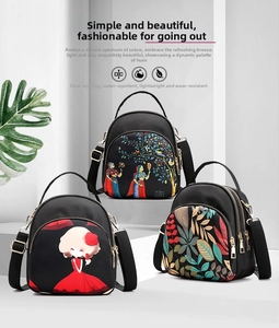 Detail shot of multi-layer waterproof mini backpacks with vibrant printed patterns