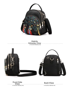 Close-up of three-layer zipper design and ethnic embroidery on waterproof nylon bag