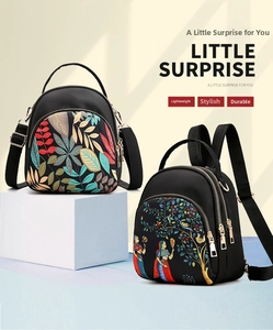 Detail of waterproof nylon mini backpacks with colorful patterns and multi-zipper pockets