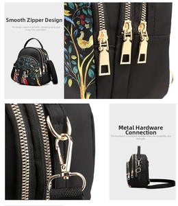 Detail of multi-layer gold zippers and durable metal hooks on a black nylon crossbody bag