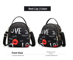 Detail of waterproof mini nylon backpack featuring red lip prints and graffiti patterns