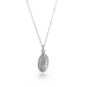 Silver stainless steel oval necklace featuring a Virgin Mary embossed relief pendant
