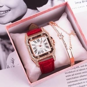 Women's watch and bracelet set with square rose gold dial and red leather strap in a gift box
