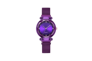 Detailed close-up of diamond-cut purple glass watch face and Milanese strap