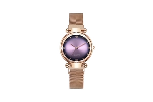 Detailed view of women's quartz watch featuring purple gradient dial and rhinestone markers