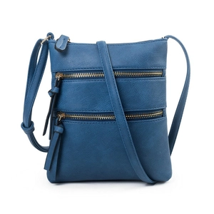 Dark blue synthetic leather crossbody bag with dual golden zippers and adjustable strap