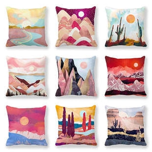Set di nove federe per cuscini quadrati con stampe artistiche di paesaggi e natura